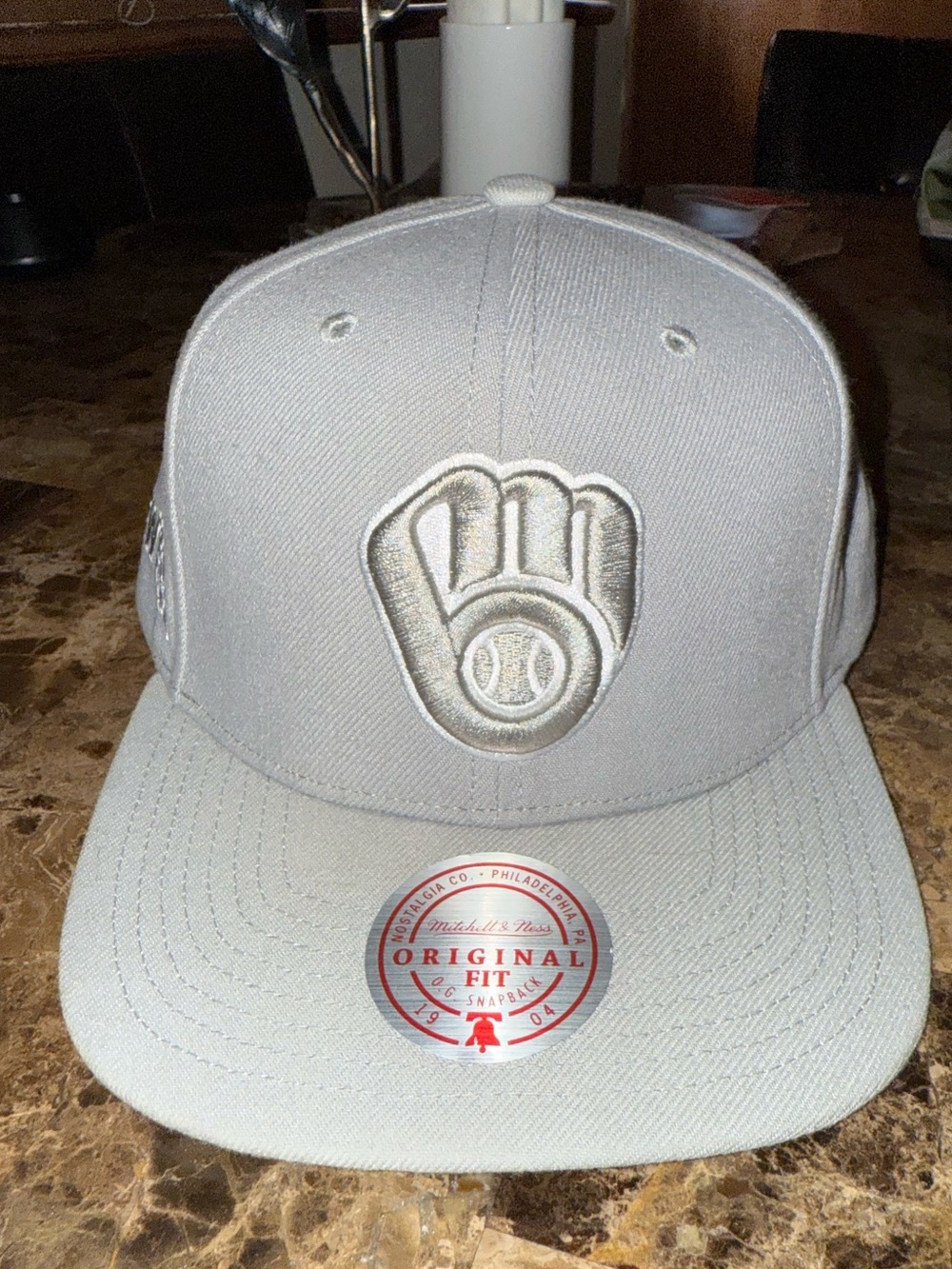 Mitchell & Ness Light Gray Snapback Hat with Embroidered Glove Logo